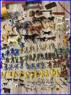 Vintage 1960's Marx Mixed Lot Figures, Wagons, Parts, Horses, Weapons, Wheels