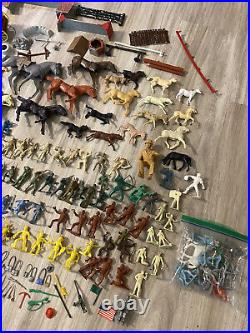 Vintage 1960's Marx Mixed Lot Figures, Wagons, Parts, Horses, Weapons, Wheels