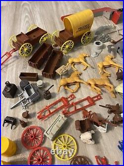 Vintage 1960's Marx Mixed Lot Figures, Wagons, Parts, Horses, Weapons, Wheels