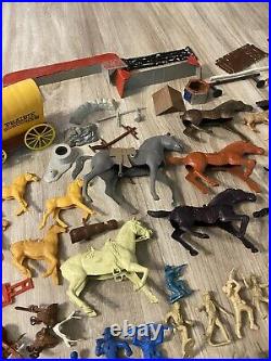 Vintage 1960's Marx Mixed Lot Figures, Wagons, Parts, Horses, Weapons, Wheels