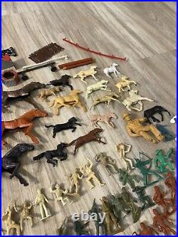 Vintage 1960's Marx Mixed Lot Figures, Wagons, Parts, Horses, Weapons, Wheels