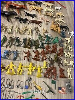 Vintage 1960's Marx Mixed Lot Figures, Wagons, Parts, Horses, Weapons, Wheels