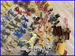 Vintage 1960's Marx Mixed Lot Figures, Wagons, Parts, Horses, Weapons, Wheels