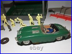 Vintage 1960s Marx Racetrack Slot Car Grandstand Lights Shed Crew Figure Set