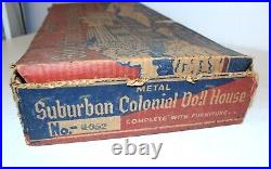 Vintage 50s Marx Suburban Colonial Doll House withBox & Furniture, Tin Litho #4052