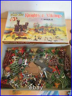 Vintage LOUIS MARX miniature play set Knights and Vikings with box LOTS ACCESSOR