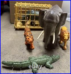 Vintage Lot Marx Safari Adventure Elephant, Tiger, Lion, Rhino, Crocodile Cage