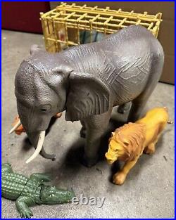 Vintage Lot Marx Safari Adventure Elephant, Tiger, Lion, Rhino, Crocodile Cage