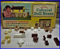 Vintage Louis Marx Colonial Metal 2 Story Doll House roof Patio withbox furniture