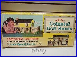 Vintage Louis Marx Colonial Metal 2 Story Doll House roof Patio withbox furniture