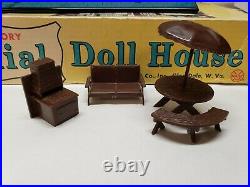 Vintage Louis Marx Colonial Metal 2 Story Doll House roof Patio withbox furniture