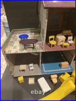 Vintage Marx 1950s Walt Disney Tin Litho Dollhouse with Furniture & Doll Read