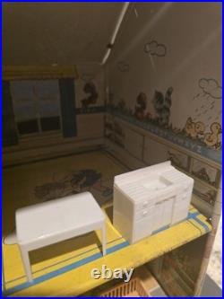 Vintage Marx 1950s Walt Disney Tin Litho Dollhouse with Furniture & Doll Read