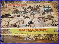 Vintage Marx Battleground Box with Contents, Soldiers, Vehicles Etc