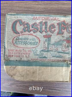 Vintage Marx Metal Medieval Castle Fort with Knights and Horses Walls & Cannons