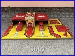 + Vintage Marx Tin Fire Department Headquarters Fire House with 2 Cars