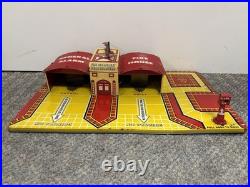 + Vintage Marx Tin Fire Department Headquarters Fire House with 2 Cars
