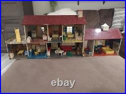 Vintage Marx Tin Litho Doll House 2 Story WithAttachment & 60 Piece Furniture! EUC