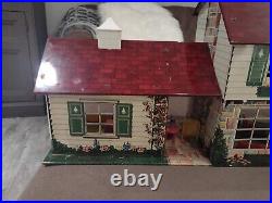 Vintage Marx Tin Litho Doll House 2 Story WithAttachment & 60 Piece Furniture! EUC