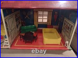 Vintage Marx Tin Litho Doll House 2 Story WithAttachment & 60 Piece Furniture! EUC