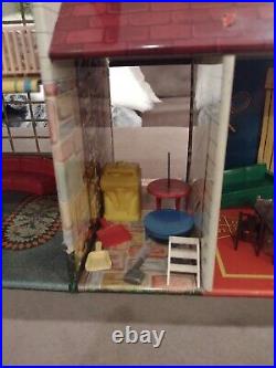 Vintage Marx Tin Litho Doll House 2 Story WithAttachment & 60 Piece Furniture! EUC