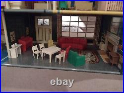 Vintage Marx Tin Litho Doll House 2 Story WithAttachment & 60 Piece Furniture! EUC