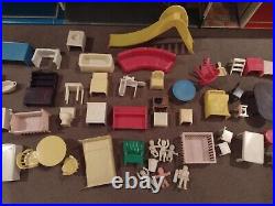 Vintage Marx Tin Litho Doll House 2 Story WithAttachment & 60 Piece Furniture! EUC