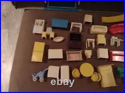 Vintage Marx Tin Litho Doll House 2 Story WithAttachment & 60 Piece Furniture! EUC