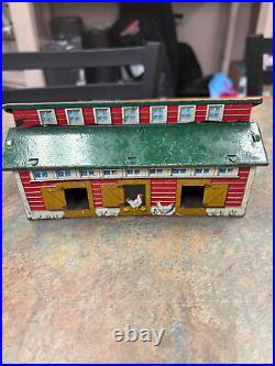 Vintage Marx Tin Log Cabin, Chicken Coop and Brick House