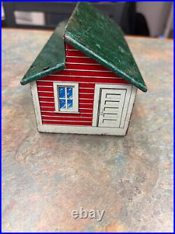 Vintage Marx Tin Log Cabin, Chicken Coop and Brick House