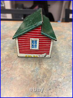 Vintage Marx Tin Log Cabin, Chicken Coop and Brick House