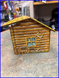 Vintage Marx Tin Log Cabin, Chicken Coop and Brick House