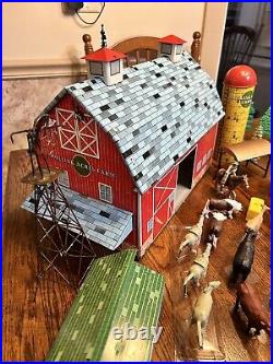 Vintage Marx Toys Farm Tin Litho Barn Silo Tractor People Animals Tools Fence