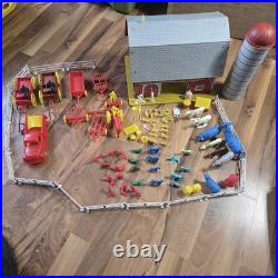 Vintage Tin Litho Barn Farm Playset Lot Fences Animals Tractor Truck Toy