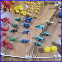 Vintage Tin Litho Barn Farm Playset Lot Fences Animals Tractor Truck Toy