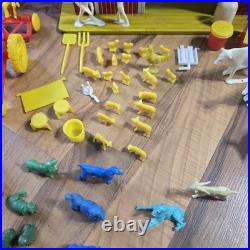 Vintage Tin Litho Barn Farm Playset Lot Fences Animals Tractor Truck Toy