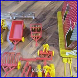 Vintage Tin Litho Barn Farm Playset Lot Fences Animals Tractor Truck Toy