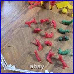 Vintage Tin Litho Barn Farm Playset Lot Fences Animals Tractor Truck Toy