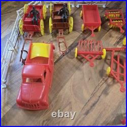 Vintage Tin Litho Barn Farm Playset Lot Fences Animals Tractor Truck Toy