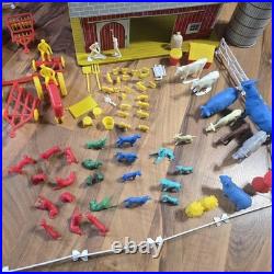 Vintage Tin Litho Barn Farm Playset Lot Fences Animals Tractor Truck Toy