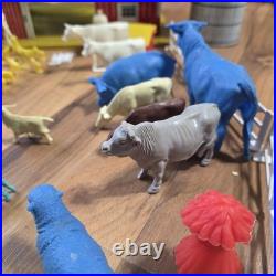 Vintage Tin Litho Barn Farm Playset Lot Fences Animals Tractor Truck Toy