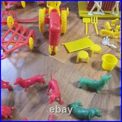 Vintage Tin Litho Barn Farm Playset Lot Fences Animals Tractor Truck Toy