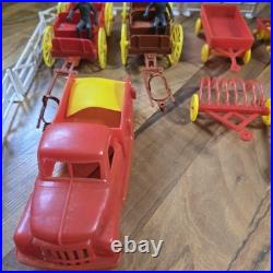 Vintage Tin Litho Barn Farm Playset Lot Fences Animals Tractor Truck Toy