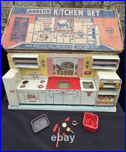 Vtg 1950's Louis Marx Toy Litho Pretty Maid Play Kitchen Set Accessories In Box