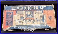 Vtg 1950's Louis Marx Toy Litho Pretty Maid Play Kitchen Set Accessories In Box