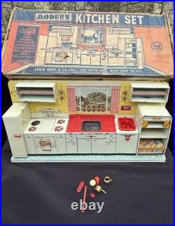 Vtg 1950's Louis Marx Toy Litho Pretty Maid Play Kitchen Set Accessories In Box