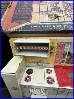 Vtg 1950's Louis Marx Toy Litho Pretty Maid Play Kitchen Set Accessories In Box