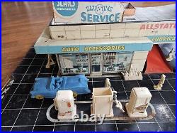 Vtg MARX Tin Litho ALLSTATE Service/Gas Station with2 Service Bays & Roof Parking