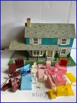 Vtg Marx Doll House Tin Litho Metal 2 Story Colonial With Furniture & Figures