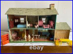 Vtg Marx Doll House Tin Litho Metal 2 Story Colonial With Furniture & Figures